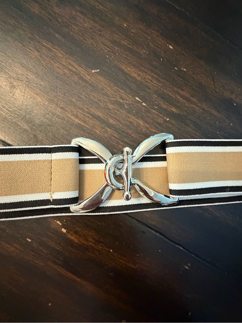 Striped Elastic Belt with Silver Interlocking Buckle - Tan/Black/White